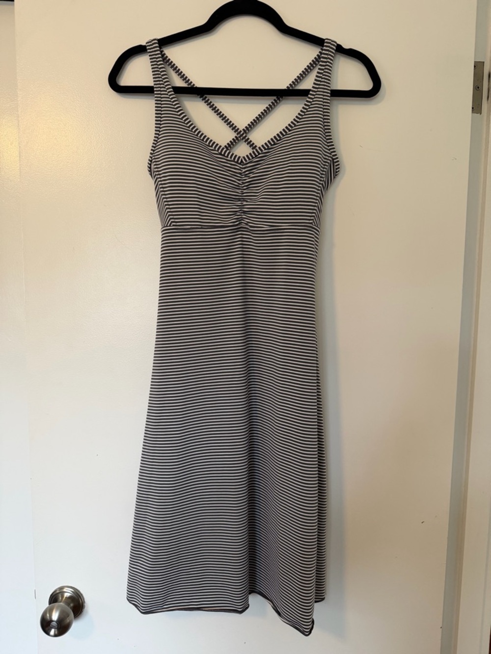 Prana Gray and White Striped Crisscross-Back Midi Dress